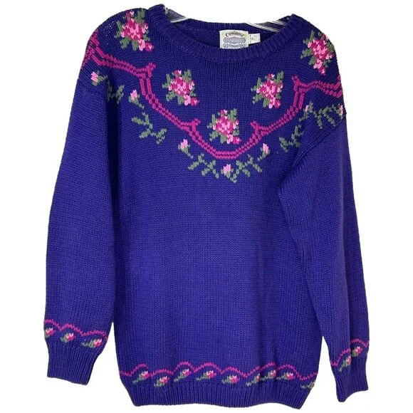 Vintage Cambridge Dry Goods Purple Floral Knit Sweater women’s size medium - Picture 1 of 5